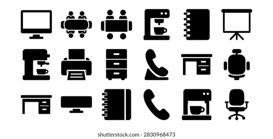 office supplies vector icon set for business and workplace design on transparent background