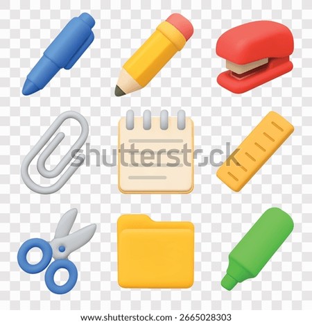 Office Supplies Vector Icon Set | 3D icon set | Pen, Pencil, Stapler, Paperclip, Notepad, Ruler, Scissors, Folder, Highlighter