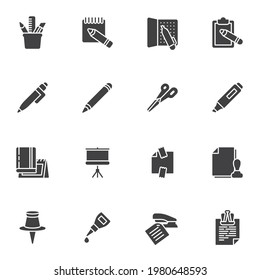 Office suministra iconos vectoriales, colección moderna de símbolos sólidos, paquete de pictogramas de estilo relleno. Señales, ilustración del logotipo. El conjunto incluye iconos como lápiz, lápiz, portapapeles, vástago de inserción, pantalla de presentación