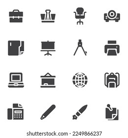 Office suministra iconos vectoriales, colección moderna de símbolos sólidos, paquete de pictogramas de estilo relleno. Señales, ilustración del logotipo. El juego incluye iconos como silla de oficina, equipo portátil, carpeta de archivos, maleta
