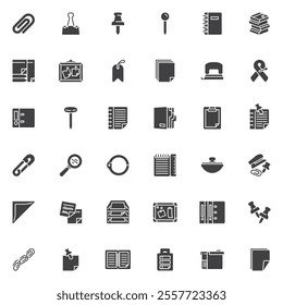 Office supplies vector icons set, modern solid symbol collection, filled style pictogram pack. Signs, logo illustration. Set includes icons as stationery tools, sticky note papers, push pin, binder
