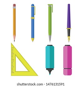 Office supplies vector illustration. Set of flat design icons. Colourfull writing instruments