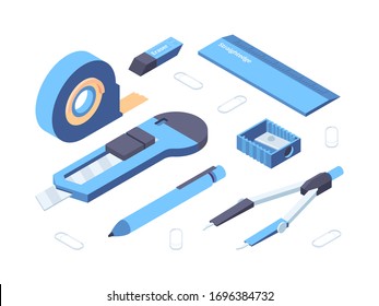 suministros de oficina. Imágenes isométricas vectoriales de colección de lápices adhesivos para el afilador de cuchillas y la regla
