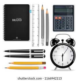 Office supplies Vector realistic. Alarm clock, calculator, notebook and pen tools. Detailed 3d illustrations