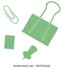 Office supplies vector set.  Includes a paperclip, a binder clip, piece of tape, and a thumb tack.  Transparent background in vector file (everything displayed as white).