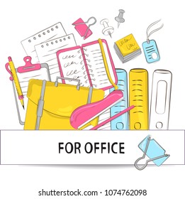 Office supplies and web banner design for your blog or website name with various creative office icons and icons. Hand-drawn cartoon. Vector illustration, blackboard marker sketch style