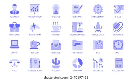 Office supplies web icons set in duotone flat design. Pack pictograms with manager, presentation, contract, email, briefcase, brainstorm, coffee maker, call, file folder, other. Vector illustration.