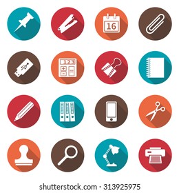 office supplies. white icons set, on colored circles. isolated on white background. Flat design modern, for web and mobile applications, of office work. Vector illustration