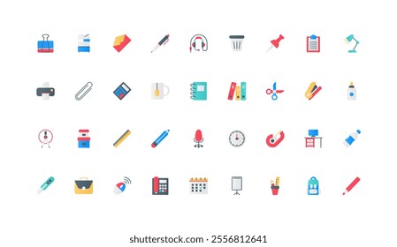 Office supplies for work, stationery and equipment color icon set. Employees chair and desk, planning calendar and project presentation board, coffee break, computer flat elements vector illustration