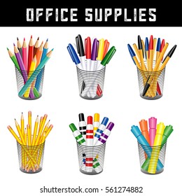 Office supplies, writing and drawing tools, desk organizers for office, home, back to school, pencils, pens, felt tip markers, highlighters, colored pencils, isolated on white. EPS8 compatible.