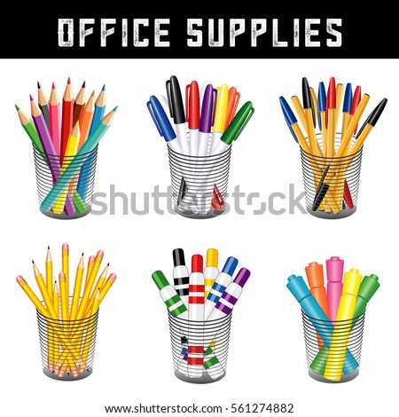 Office supplies, writing and drawing tools, desk organizers for office, home, back to school, pencils, pens, felt tip markers, highlighters, colored pencils, isolated on white. EPS8 compatible.