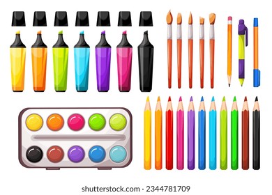 Office supplies.A set of colored pencils, markers, pens.Watercolor paints, brushes for drawing.Vector illustration.