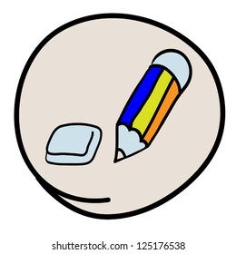 Office Supply, A Cartoon Illustration of Pencil and Eraser Icon in Grey Circle Frame