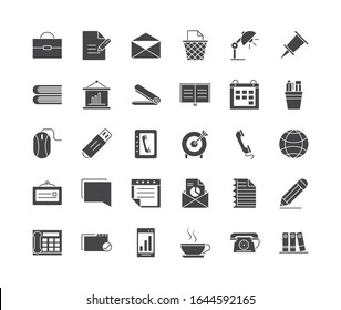 office supply equipment stationery icon set vector illustration silhouette on white background