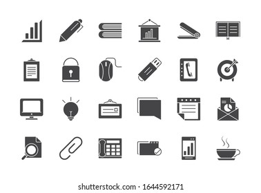 office supply equipment stationery icon set vector illustration silhouette on white background