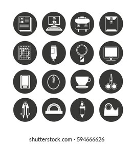office supply icon set in circle buttons