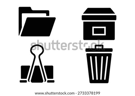 Office Supply Icons: Folder, Bin, Binder Clip
