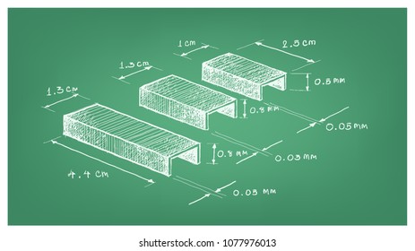 Office Supply, Illustration Hand Drawn Sketch Dimension of Staple Strip or Paper Staples Used with A Stapler to Attach Pieces of Paper Together.