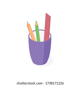 Office supply isometric vector illustration - plastic cup with ballpoint pen, pencil and ruler isolated on white background. Stationery for business, education or back to school concept.