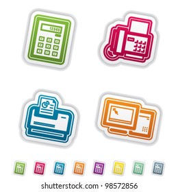Office Supply Objects: Calculator, Fax Machine, Printer, Dekstop Computer.