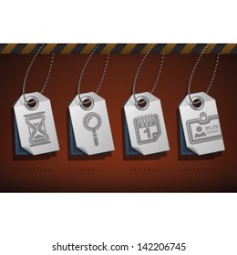 Office Supply Objects, from left to right, top to bottom:   Sandglass, Loupe, Calendar, Indentifer.