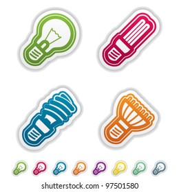 Office Supply Objects: lightbulb, fluorescent eco lightbulb,spiral fluorescent eco lightbulb, led eco lightbulb.