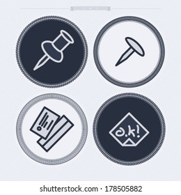 Office Supply Objects: pin, drawing pin, sticker, business card.