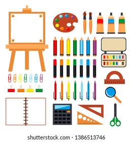 Office supply, school office and education equipment. notebook, ruler, pencil, pen, calculator, palette, easel, markers. Vector illustration