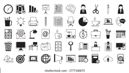 office supply stationery work business linear style icons set vector illustration