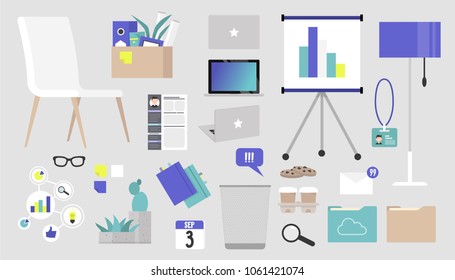 Office supply sticker pack. Office furniture, electronics and accessories set: white chair, floor lamp, laptop in three points of view, stationery, decorative elements and icons