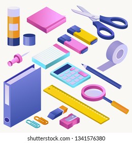 Office supply vector stationery school tools icons and accessories of education assortment pencil marker illustration schooling isometric set of calculator scissors ruler isolated on white background