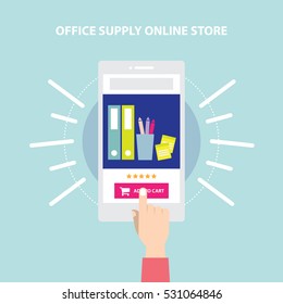 Office Supply Website Store. Responsive mobile commerce transaction. Finger Hand touch screen in mobile purchase.