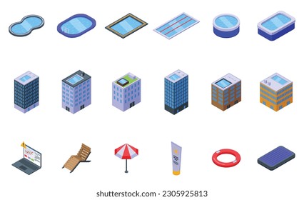 Office swimming pool icons set isometric vector. Work woman. City relax