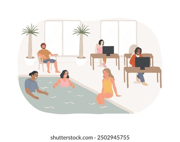 Office swimming pool isolated cartoon vector illustrations. Group of diverse people swimming in smart office pool together, modern workplace, colleagues fun, active lifestyle vector cartoon.