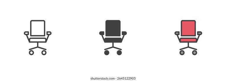 Office swivel chair icon in line, colorful filled outline and solid styles. Vector furniture symbol for workplace or ergonomic seating illustration.