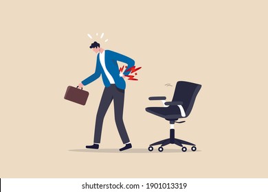 Office syndrome back pain, sitting and work too long causing back ache or inflammation of neck, shoulder and back muscles concept, painful office worker holding his back pain with office chair.