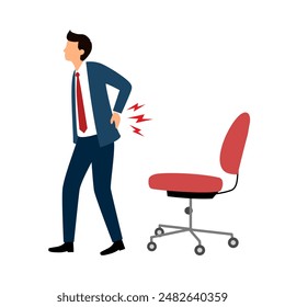 Office syndrome back pain, sitting and work too long causing back ache. Office worker holding his back pain with office chair.