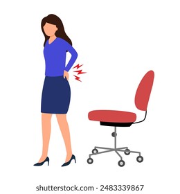 Office syndrome back pain, sitting and work too long causing back ache. Office worker holding her back pain with office chair.