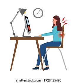 Office syndrome concept vector Office syndrome concept vector illustration. Businesswoman has neck pain and backache symptom at workplace.