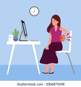 Office syndrome concept vector illustration. Businesswoman has backache symptom at workplace. Female suffering from low back pain.