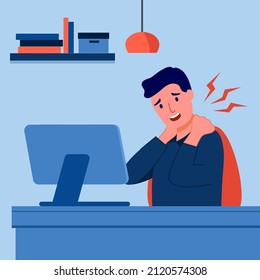 Office syndrome concept vector illustration. Businessman has neck and shoulder pain symptom at workplace. Bone or muscle problem.