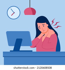 Office syndrome concept vector illustration. Businesswoman has neck and shoulder pain symptom at workplace. Bone or muscle problem.