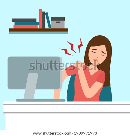 Office syndrome concept vector illustration. Businesswoman has neck and shoulder pain symptom at workplace. Bone or muscle problem.