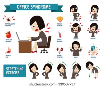 Office Syndrome.
Health Care Concept. Infographic Element.
Vector Flat Icons Woman Cartoon Design.
Brochure Poster Banner Illustration.
Isolated On White Background
