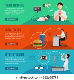 Office syndrome horizontal banners with people working on computer having wrist pain and dry eye disease and icons of unhealthy diet flat vector illustration 