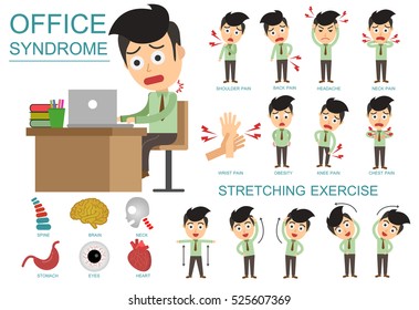 Office syndrome Infographics. health care concept. vector flat cartoon design. Wrong sitting in the workplace.