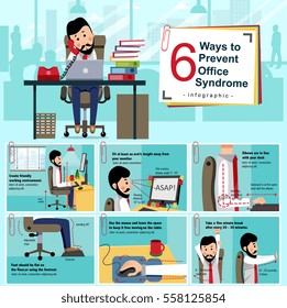 Office syndrome prevention info graphic with cartoon office staff showing how to avoid the chronic disease caused by various factors in the work environment of people nowadays, illustration, vector.