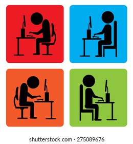 office syndrome. stickman use pc computer, working, play game, internet on chair, Hunchback , over time,Hard working,Vector isolated object