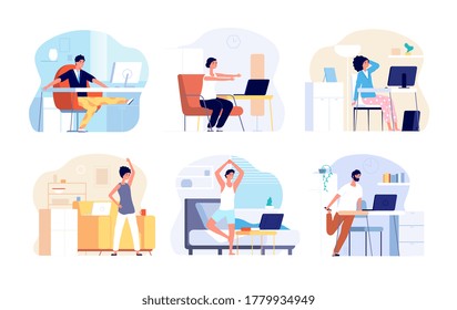 Office Syndrome. Stretching Exercise, Neck Back Shoulder Stretch. Sitting Work From Home, Fitness Workout For Freelancer Vector Illustration