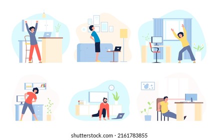 Office syndrome. Stretching exercise at working, at table fit position. Sport ergonomic training for business people. Stretched body and neck, recent vector scenes